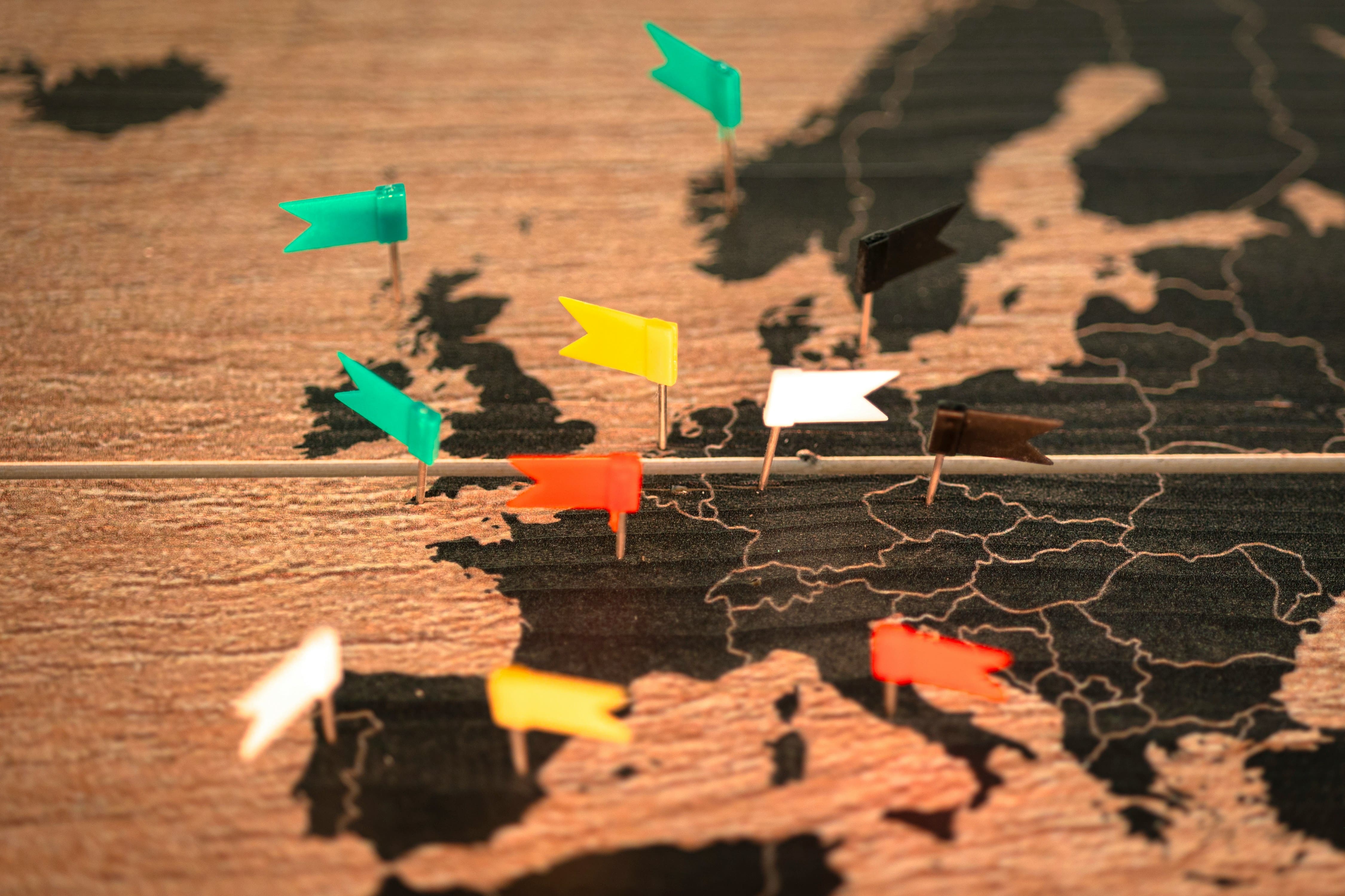 Map with markers in developing countries and remote regions