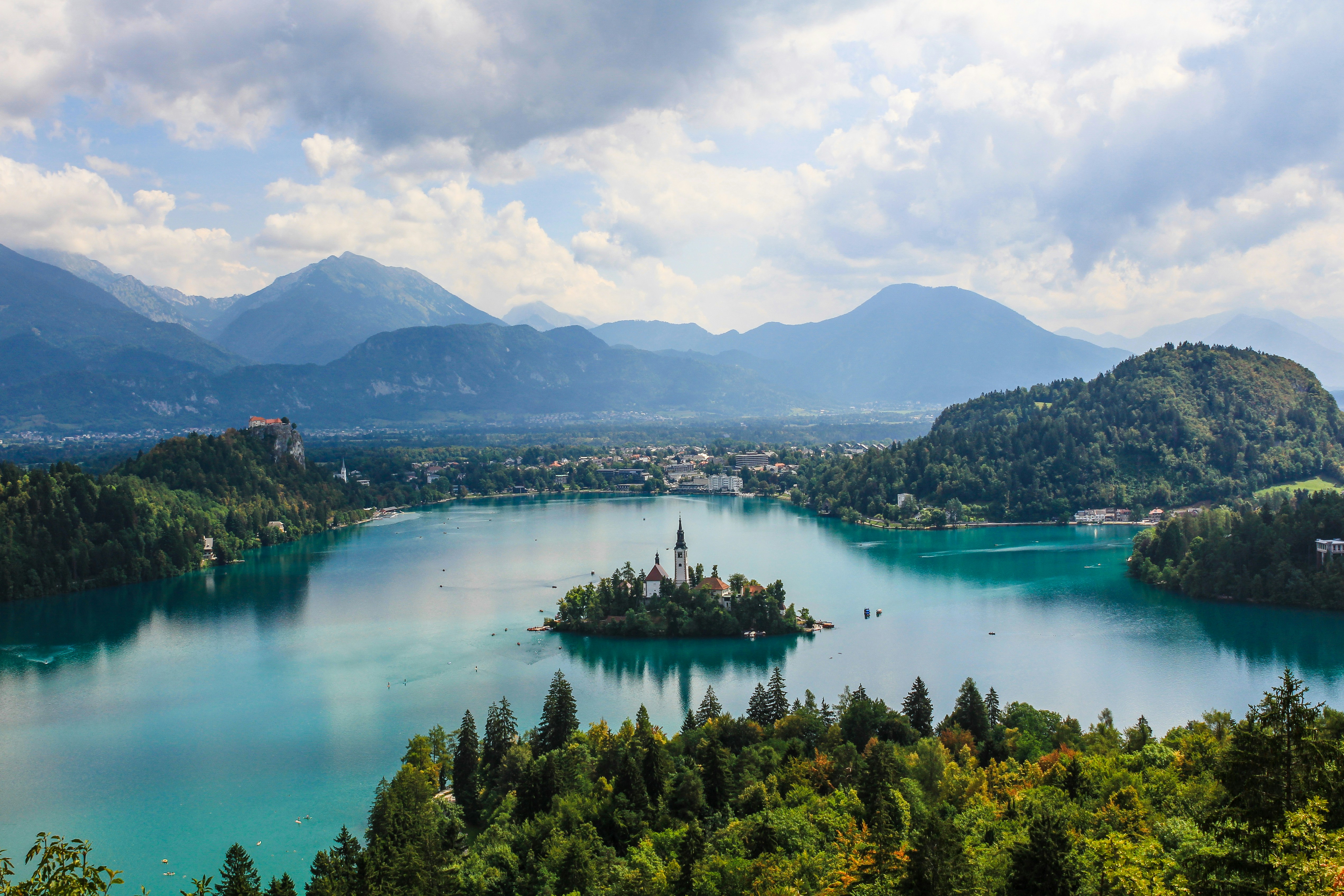 Lake Bled with its island church and castle overlooking the Julian Alps