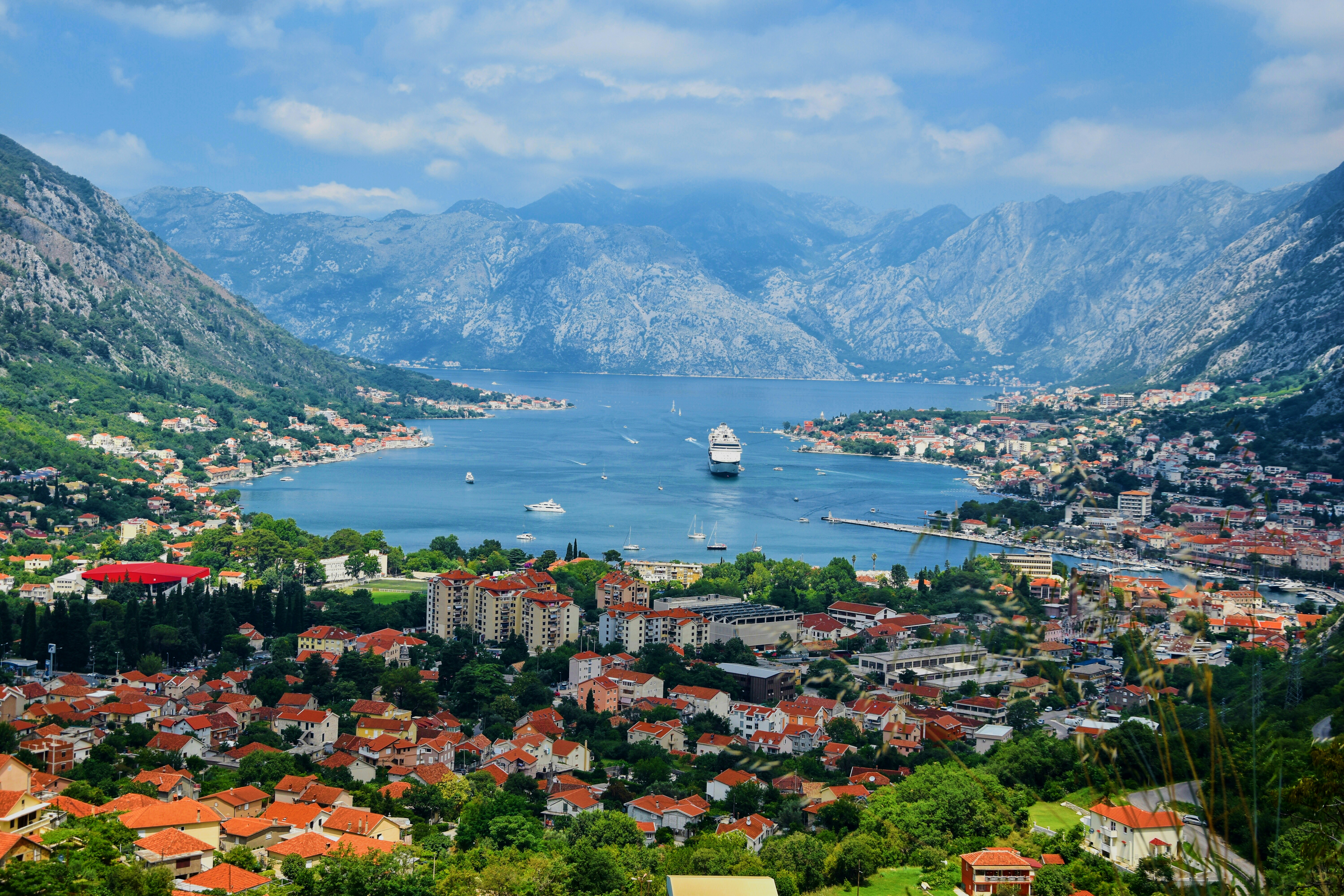 Bay of Kotor in Montenegro surrounded by steep mountains and historic towns