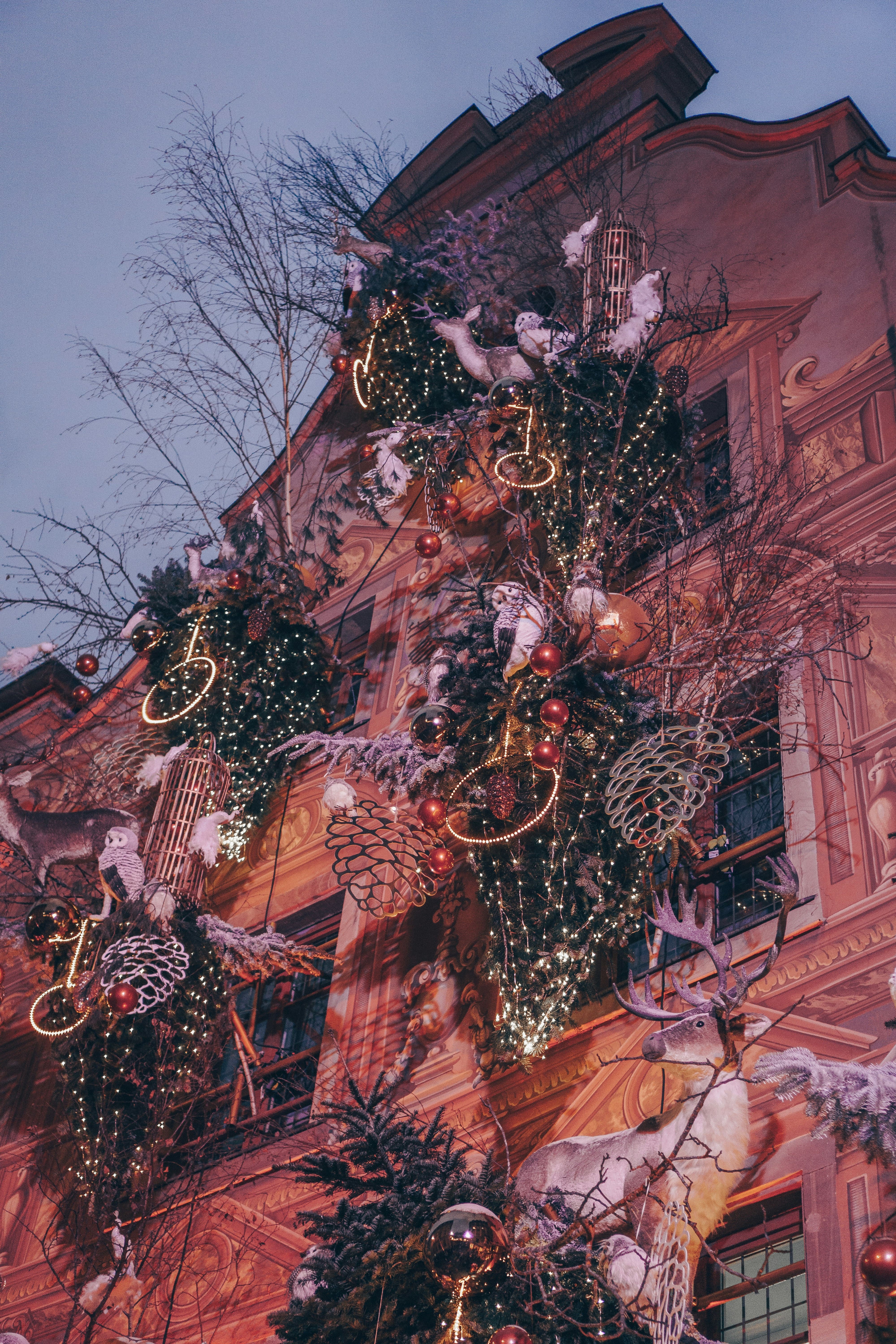 Ruas de Estrasburgo iluminadas com luzes de Natal e decorações festivas.