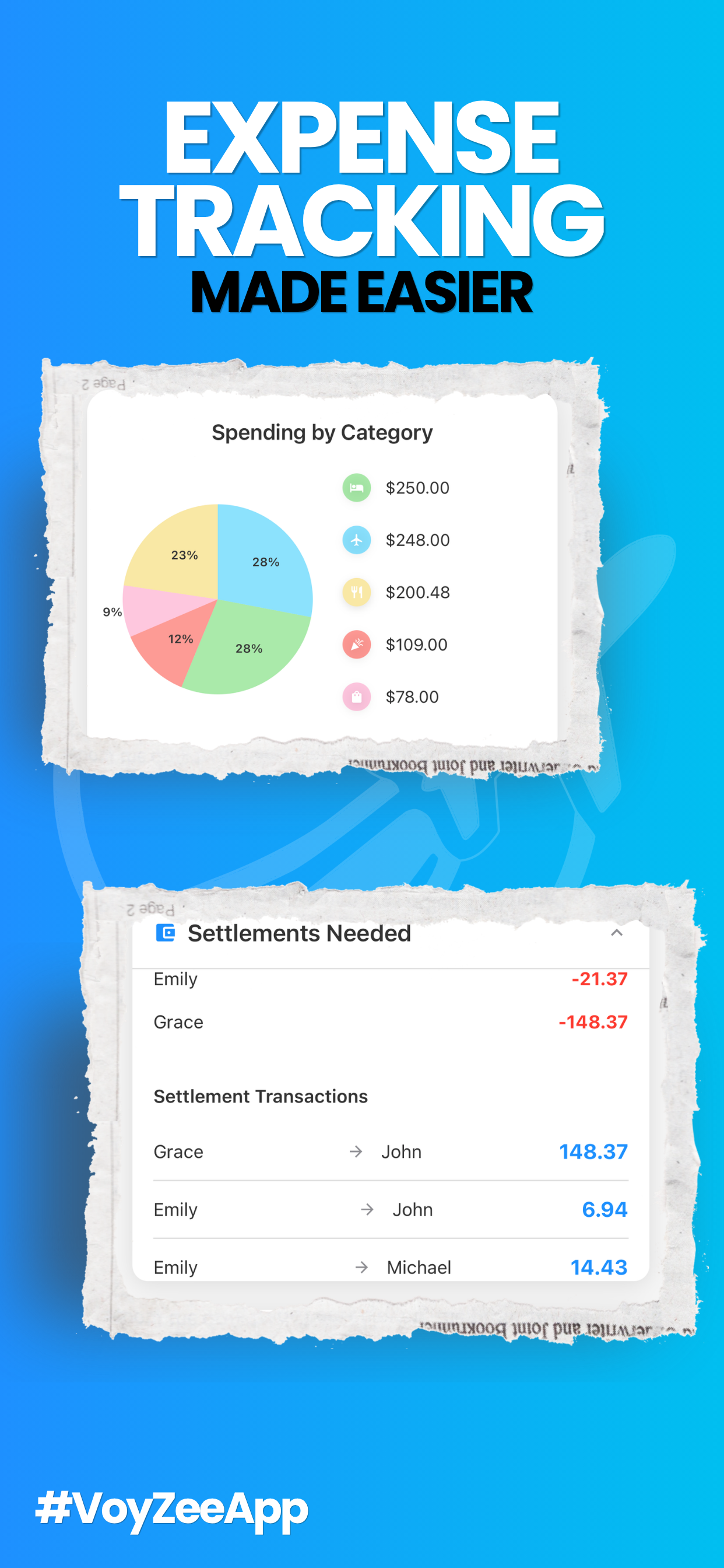 Smartphone showing the Voyzee Travel app with a clean, colorful itinerary and budget tracker.