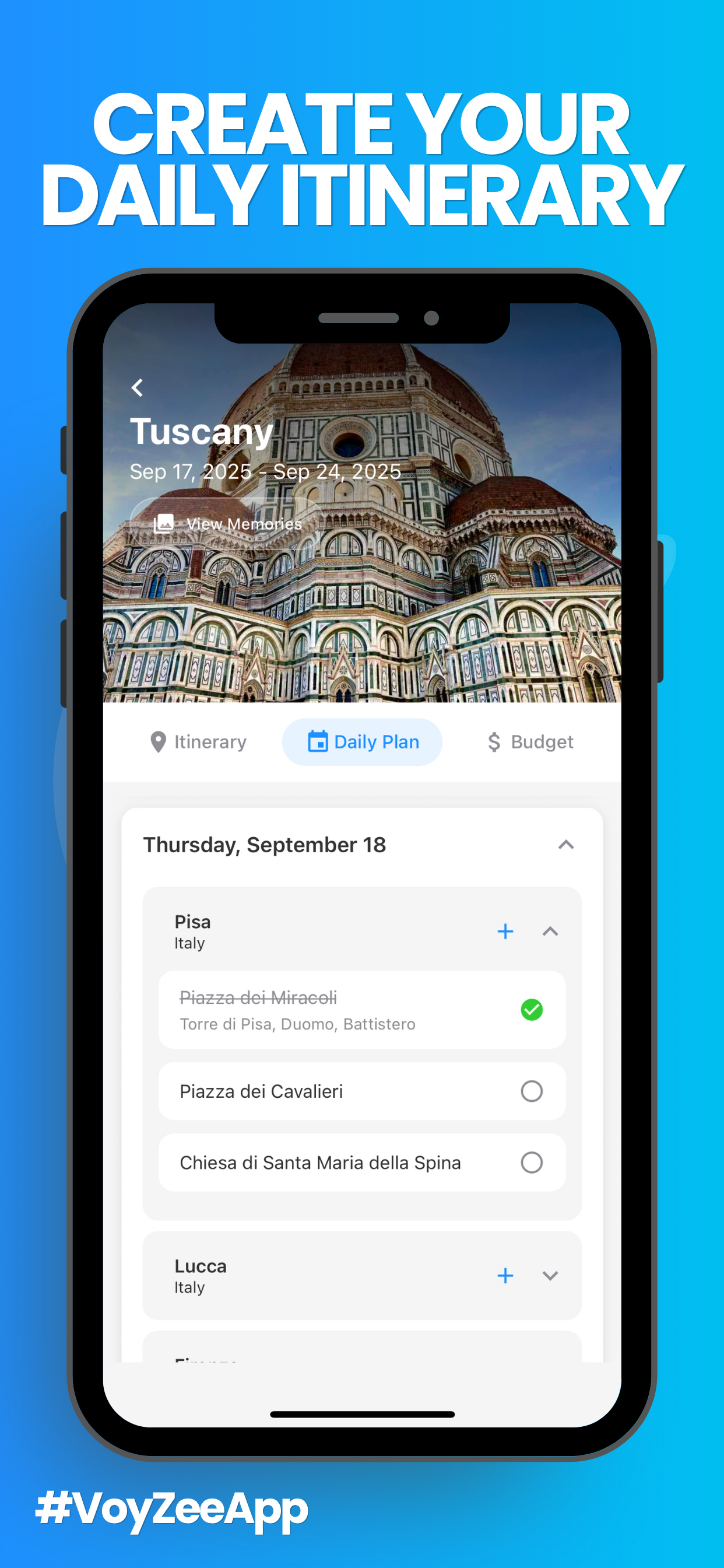 A smartphone screen showing the Voyzee Travel app itinerary and budget tracker.